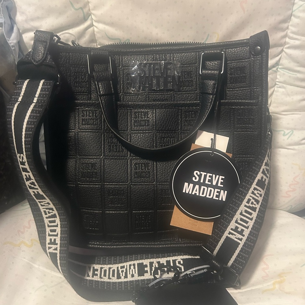 Steve Madden Textured Black Bag with removable makeup bag and wallet